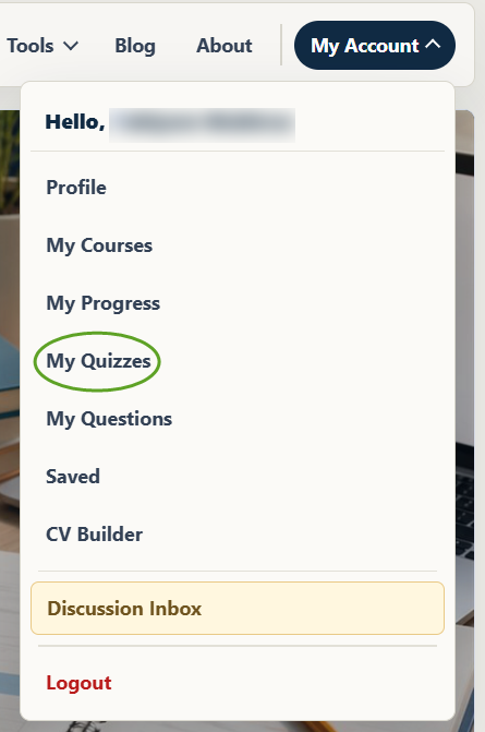 My Account menu with My Quizzes highlighted