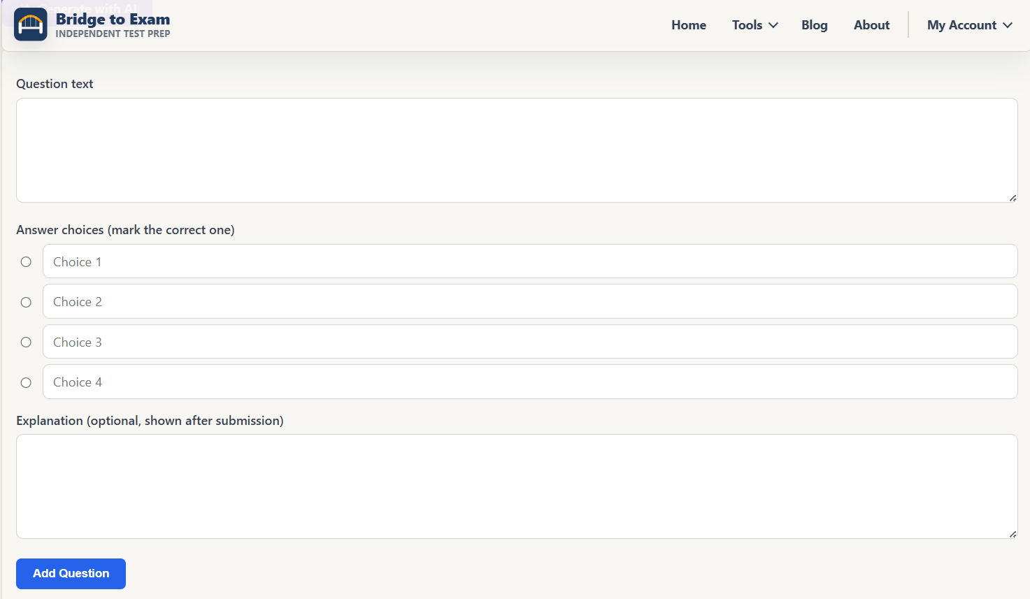 Add Question form with question text, four answer choices, and explanation field