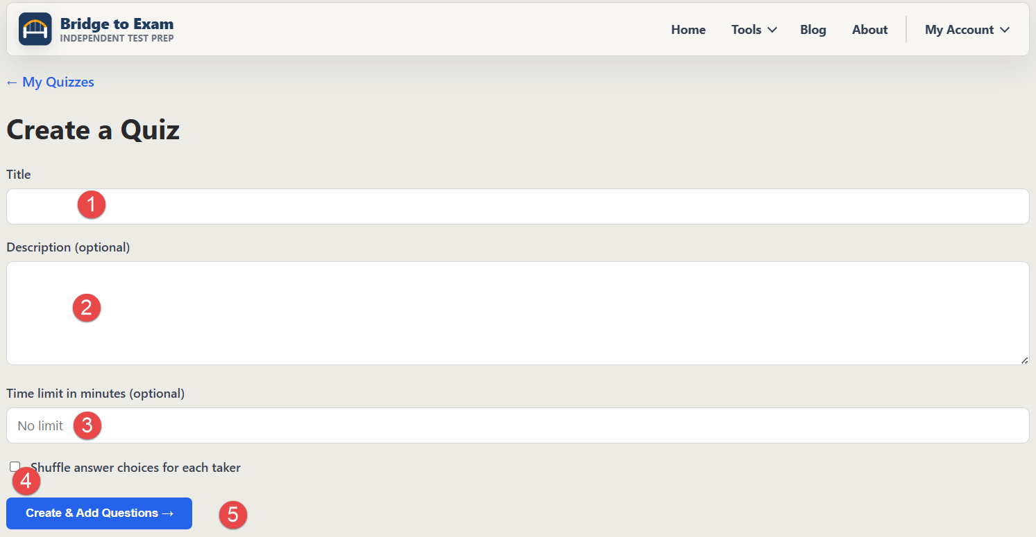 Create a Quiz form with title, description, time limit, and shuffle fields