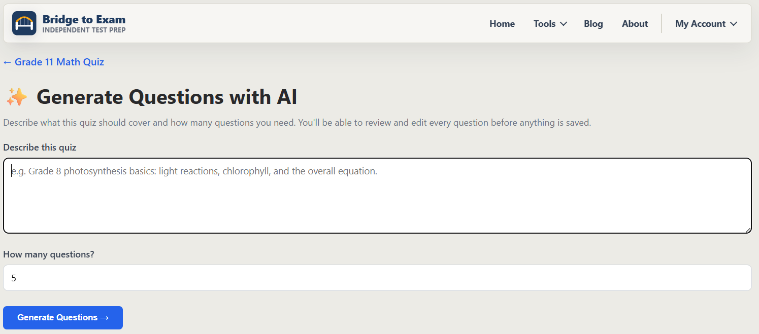 Generate Questions with AI form with a topic description and question count field